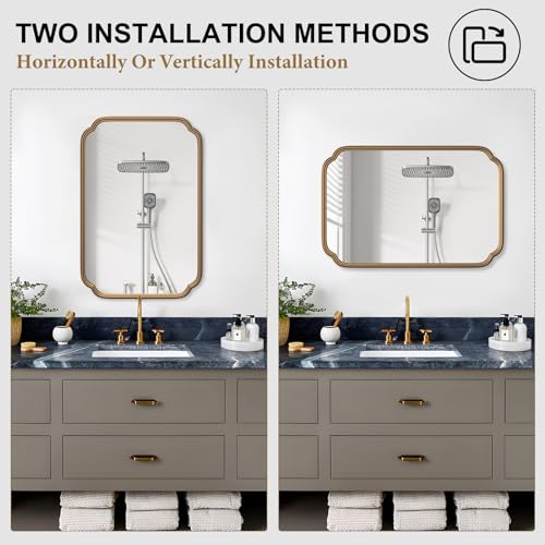Ferytange Gold Bathroom Mirror for Wall 20" x 30" Modern Rounded Corner Rectangle Mirror with Non-Rusting Iron Metal Framed Bathroom Vanity Mirror for Over Sink Wall Decor(Horizontal/Vertical) - color: Gold, size: 30"L x 20"W