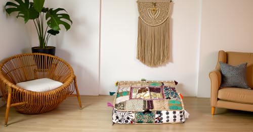 CRAFT KALA Indian Square Patchwork Traditional Pouf Cover Indian Living Room Poufs Decorative Embroidered Designer Ottoman Home Living Footstool Chair Cover Decor Pillow Cover 18x18x5 inches, Camel - color: Camel, size: 18"D x 18"W x 5"H