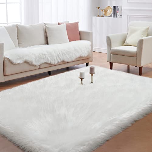 Fluffy Area Rug, White Faux Fur Rug for Bedroom 3'x5' Soft Shag Fuzzy Rugs for Living Room, Furry Bedside Nursery Rug Plush Indoor Floor Carpet for Kids Room Teen Dorm - color: White, size: 5' x 3' (Rectangular)