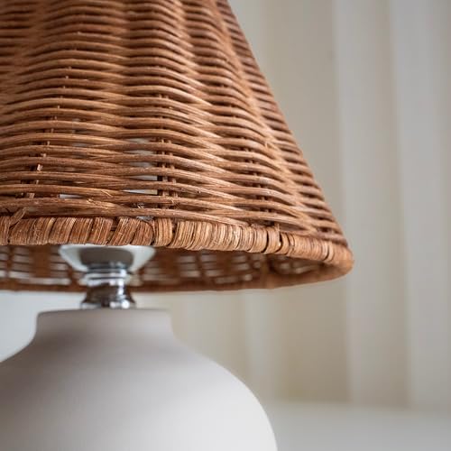 11" Small Table Lamp – Handmade Ceramic Cream Base with Wicker Rattan Shade, Dimmable Plug-in Nightstand Light for Bedroom, Kitchen Counter, or Small Spaces – Boho Japandi Organic Decor - color: Natural Woven Rattan Shade