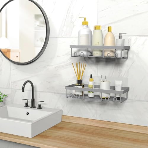 Moforoco Shower Caddy Shelf Organizer Rack, Self Adhesive Black Bathroom Shelves Basket, Home Farmhouse Wall Inside Organization and Storage Decor Rv Accessories, First Camper Apartment Essentials - color: Gun Grey, size: Medium