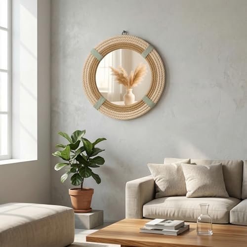 12" Inch Round Rustic Farmhouse Boho Shabby Chic Wall Hanging Mirror with Natural Jute Rope Decor Accent for Entryway, Bedroom, or Living Room (Color 2) - color: Color 2