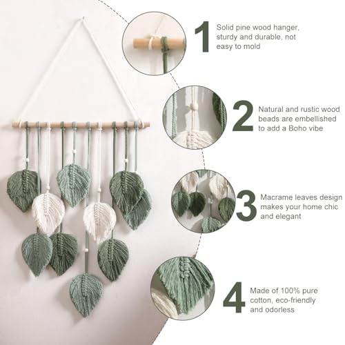 Artilady Macrame Tapestry Wall Hanging - Hand Woven Boho Tapestry Sage Green Leaves Wall Decor, Rustic Tassels Yarn Hanging Ornament Decor for Bedroom Living Room Dorm - color: Green