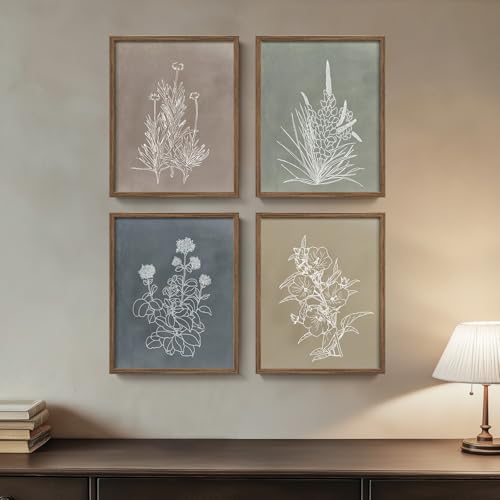 Framed Boho Botanical Wall Art for Bathroom, 4 Piece Rustic Floral Canvas Painting Prints Artwork, Vintage Neutral Flower Pictures for Farmhouse Bedroom Dining Room Kitchen Office Wall Decor, 8x10 In - color: Simple - Walnut Framed, size: 8" W x 10" H x 4
