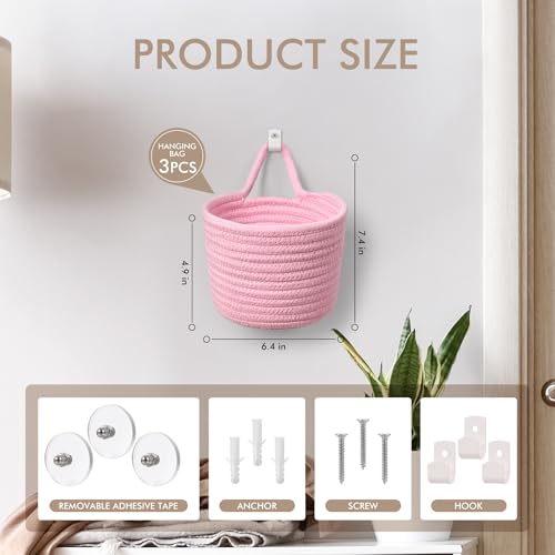 Fabric Wall Hanging Baskets - 3Pack Woven Pouchs Boho Style Wall Mounted Bag with Adhesive Hooks, Storage Organizers and Decoration Pocket Caddy Bins on Door Rack (Bright Pink & White, Large) - color: Bright Pink & White