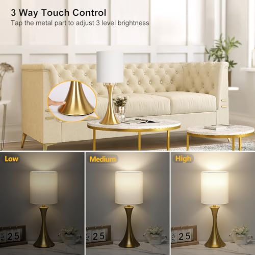 Gold Bedside Lamp Touch Control Table Lamp for Bedroom, 3-Way Dimmable Nightstand Lamp with White Shade, Modern Table Lamp for Living Room, Minimalist Desk Lamp for Dorm, Home, Office, Bulb Included - color: Gold Base with White Shade