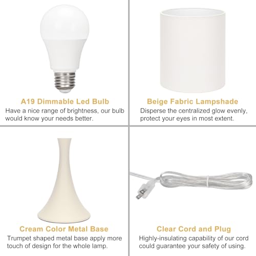 Seaside village Dimmable Bedside Lamp, 3 Way Touch Control Table Lamp, Modern Nightstand Lamp with Beige Shade and Cream Base, Small Desk Lamp for Living Room, Dorm, Home Office, 9W LED Bulb Included - color: Cream Base with Beige Shade