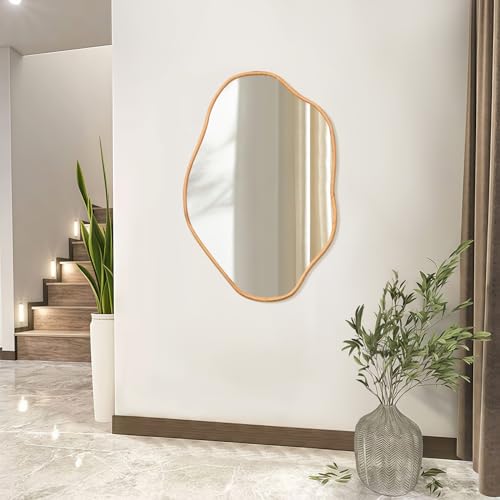 ULIKE Irregular Wall Mirror, 24x36 Inch Asymmetrical Wall Mirror with Solid Wood Frame, Mid-Century Modern Decor with Natural Wood, Vanity Mirrors for Bathroom Bedroom Living Room Entryway - color: A Wood-irregular