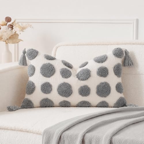 PANOD Super Soft Farmhouse Decorative Plush Throw Pillow Covers 12 x 20 Grey,Solid Pom pom Tufted with Tassels Modern Accent Boho Lumbar Cushion Cover Pillow Case for Couch Sofa - color: Light Grey, size: 20" x 12" (Pack of 1)