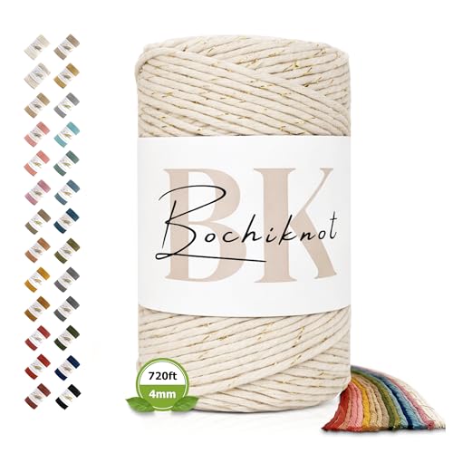 BOCHIKNOT Single Strand Macrame Cord 4mm x 240yds (220m) – Soft Cotton Macrame Rope for Beginners, Easy to Knot for Wall Hangings, Plant Hangers, Fringe and DIY Crafts (Natural & Gold) - color: Natural & Gold Metallic, size: (4mm x 219m) - Single Strand T