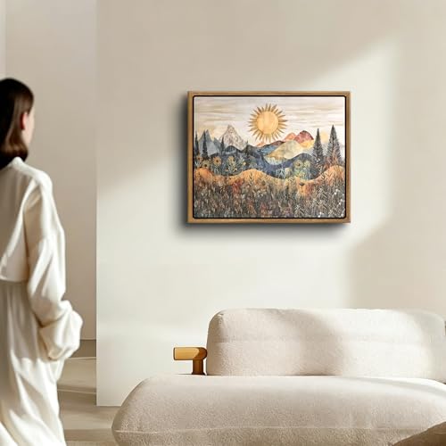 Framed Mountain Landscape Wall Art Boho Floral Sunrise Forest Canva Painting Modern Nature Wilderness Pine Tree Field Poster Rustic Wildflower Scenic Picture Decor for Living Room Bedroom 12x16 Inch - size: 12"L x 16"W