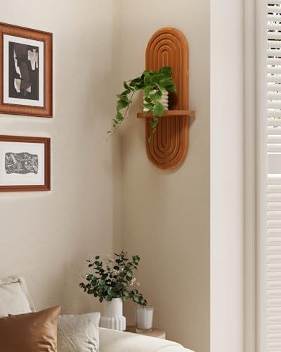 Bamworld Boho Wall Decor Brown Plant Wall Shelf, Mid Century Modern Decor Hanging Plant Shelf, 1-Tier Bamboo Floating Shelves for Home Bathroom Bedroom Living Room Holding Planter Decoration Brown - color: Brown, size: 16.9'' Single