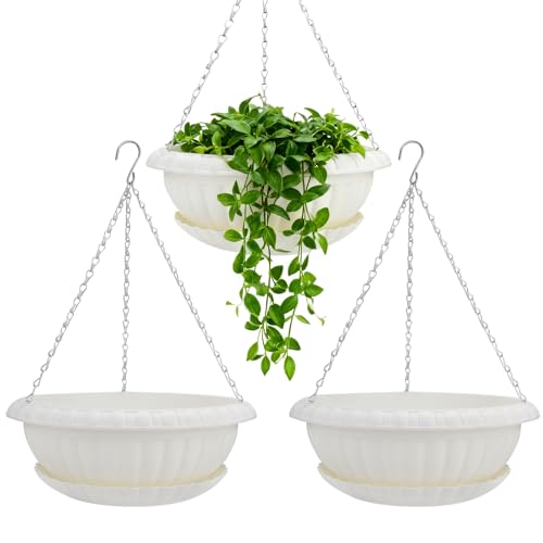 summer flower 3 Pack Large Hanging Planters 12.59in Plastic Plant Pots with Drainage Holes & Trays for Indoor Outdoor Garden Wall Window Decor (White) - color: White-xpots
