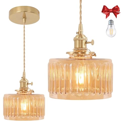 Amber Striped Glass Pendant Light, 1 Natural Light Bulb Included, Adjustable Cord with Switch, Suitable for Kitchen Island/Dining Room - color: Amber 1pc Ribbed Glass Pendant Light
