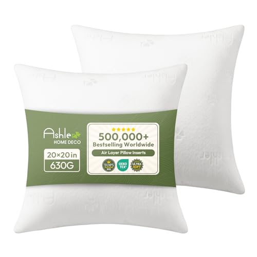 Ashler Throw Pillows Insert- 20x20 Pillow Inserts with Air Layer, Premium Bed and Couch Pillows - Indoor Decorative Throw Pillow, Square Cushion Sham Stuffer, Pack of 2, White - size: 20x20 Inch