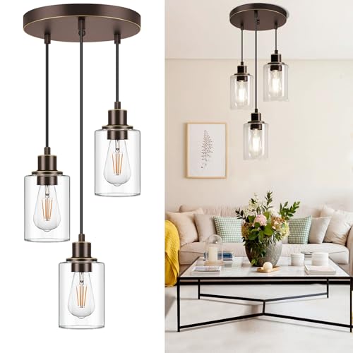 MAXvolador Industrial 3-Light Pendant Light, Adjustable Hanging Light Fixture with Clear Glass Shade, Pendant Lighting E26 Base Ceiling Lamp, Oil-Rubbed Bronze - color: Oil-Rubbed Bronze