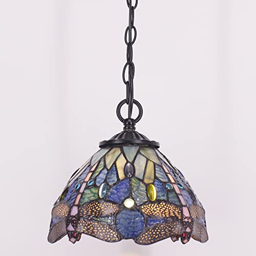 Small Tiffany Pendant Light 8 inch Tiffany Style Stained Glass Pendant Hanging Lamp Small Vintage Hanging Light Fixtures for Home Living Room Restaurant Hallway (Blue Dragonfly Style) - color: Blue Dragonfly Style