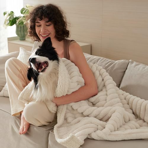 Bedsure ComfyFleece™ Waterproof Dog Blankets for Large Dogs - Soft Pet Cat Blanket Corduroy Fleece for Couch Bed Protector Washable, Cozy Calming Reversible Furniture Protection,50"x60", Cream - color: Cream, size: XL(50x60")-1pc