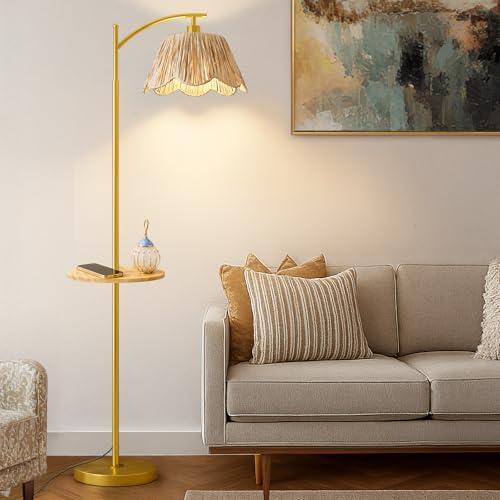 Oneach Floor Lamp with Table for Bedroom, Boho Standing Lamps with Foot Switch, Farmhouse Floor Lamp for Living Room, Arc Rattan Lamps with Gold Metal Base & Pole, Ideal for Home Décor - color: Gold and Wood