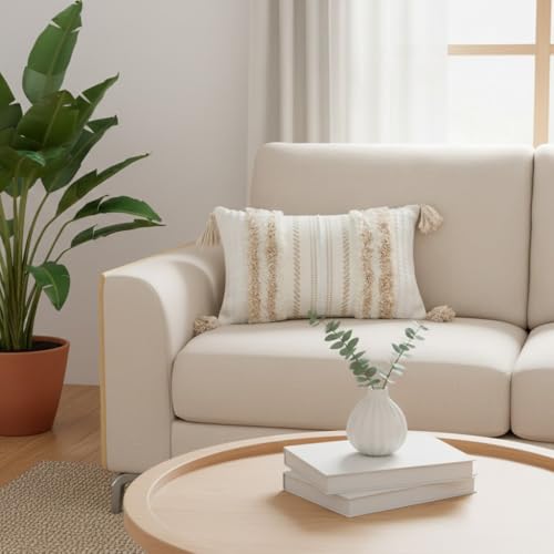 decorUhome Summer Decorative Boho Throw Pillow Covers 12x20 Set of 2, Lumbar Accent Neutral Textured Tufted Pillow Covers Striped for Couch Bed Sofa Living Room, Khaki and Cream White - color: Khaki and Cream White, size: 20" x 12" (Pack of 2)