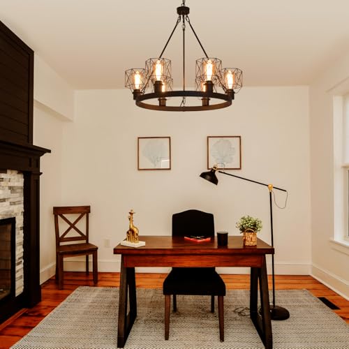 Wagon Wheel Chandelier Modern Farmhouse Pendant Light,Black Farmhouse Chandelier, 6-Light Wagon Wheel Chandelier with Adjustable Height, Dining Room Light Fixture, Hanging Lights - color: C