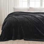 NEWCOSPLAY Super Soft Queen Blanket Black Premium Silky Flannel Fleece 3D Ribbed Jacquard Lightweight Bed Blanket All Season Use (Black Ribbed, Queen(90"x90")) - color: Black Ribbed, size: Queen(90"x90")