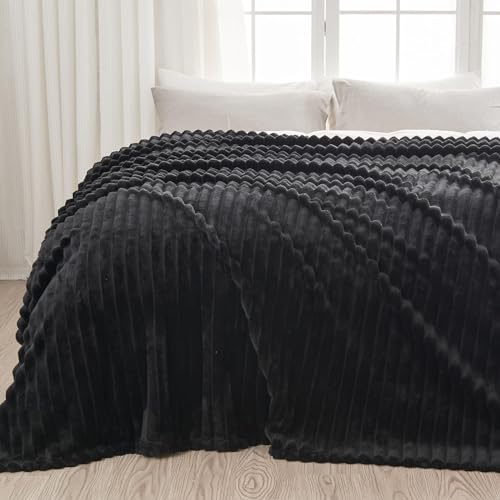 NEWCOSPLAY Super Soft Queen Blanket Black Premium Silky Flannel Fleece 3D Ribbed Jacquard Lightweight Bed Blanket All Season Use (Black Ribbed, Queen(90"x90")) - color: Black Ribbed, size: Queen(90"x90")