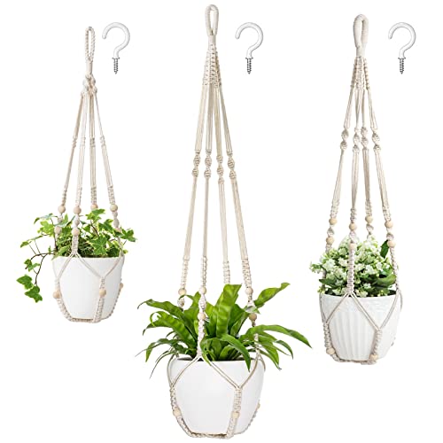 Mkono 3 Pack Macrame Plant Hangers Indoor Different Size Hanging Planter Basket Flower Pot Holder with Beads No Tasselss 43"/35"/29", Large, Ivory - color: Ivory, size: Large