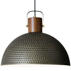 Large Pendant Light Fixtures, 15.7 Inch Vintage Wood Dome Chandelier Lamp, Hammered Matte Brushed Metal Pendant Lamp, Mid Century Gold Ceiling Hanging Light for Dining Room, Living Room Kitchen Island