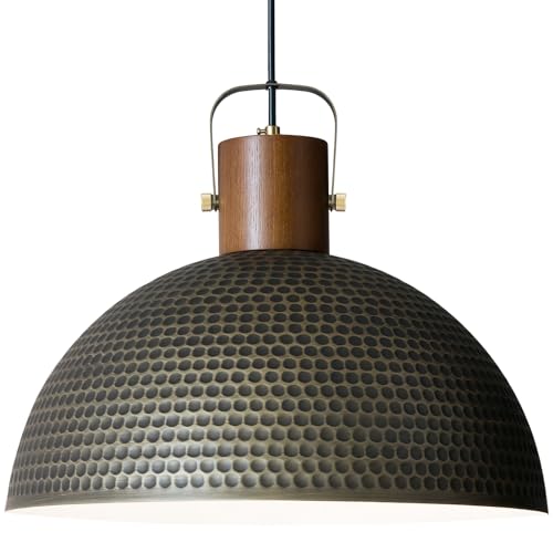 Large Pendant Light Fixtures, 15.7 Inch Vintage Wood Dome Chandelier Lamp, Hammered Matte Brushed Metal Pendant Lamp, Mid Century Gold Ceiling Hanging Light for Dining Room, Living Room Kitchen Island