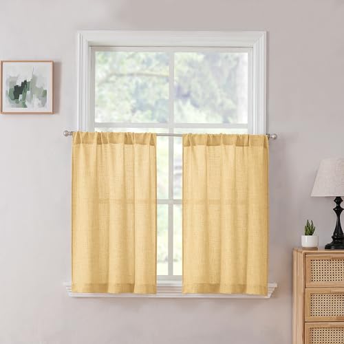Tollpiz Linen Tier Curtains Rod Pocket Semi Sheer Short Kitchen Curtain Half Burlap Light Filtering Thick Linen Drape for Bathroom, 30 x 30 inches Long, Beige, Set of 2 Panels - color: Beige, size: 30"W x 30"L (Pack of 2)