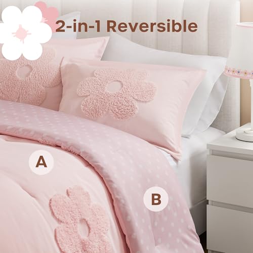 Intelligent Design Kids Queen Comforter Set for Girls, Tufted Chenille Floral Comforter Set Queen, Lightweight Polka Dot Comforter Reversible Bed Set, Sham, Pillow, Gracie, Full/Queen Pink 4 Piece - color: Pink, size: F/Q Comforter