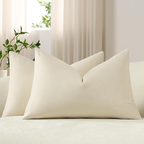 DEZENE Lumbar Pillow Covers 12x20 Cream: Pack of 2 Cozy Soft Velvet Rectangular Modern Luxury Decorative Throw Pillow Cases for Sofa Couch Living Room Bed Home Decor - color: Vanilla Ice, size: 20" x 12" (Pack of 2)