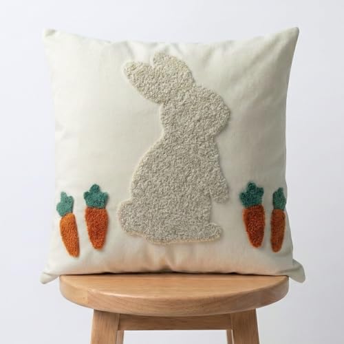 Fluffy Tufted Easter Pillow Cover with Soft Embroidered Bunny, Textured Boho Cotton Canvas Throw Pillow Case for Spring Farmhouse Sofa Couch Decoration, 18x18 inches, 1PCS (Cover Only) - color: Bunny Rabbit, size: 18" x 18" (Pack of 1)