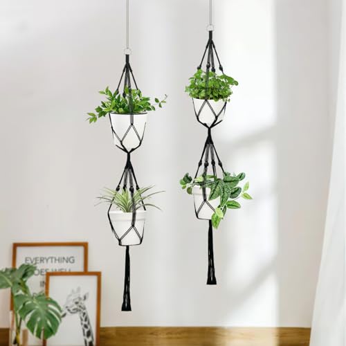 Belit 2 Pack Double Macrame Plant Hangers 2 Tier Hanging Planter Basket Decorative Flower Pot Holder Rope for Indoor Outdoor Home Decor 51 Inch, Black - color: Black, size: 51"- 2 Tier