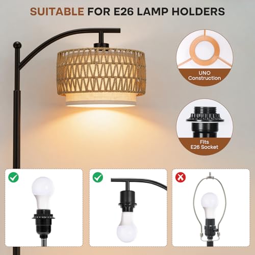 Boho Rattan Lamp Shade, 12.6" Top x 12.6" Bottom x 7.68" High, Natural Rattan & Linen Double Layer Lamp Shades for Floor Lamps Table Lamps Chandelier, UNO Fitter Lampshade Replacement, Easy Assembly