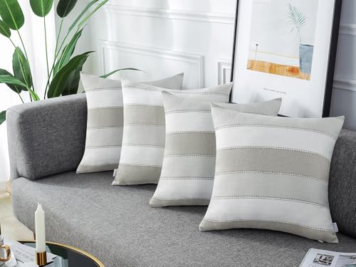 AmHoo Pack of 2 Farmhouse Stripe Check Throw Pillow Covers Set Case Cotton Linen Decorative Pillowcases Cushion Cover for Couch Bench Sofa 16x16Inch Light Grey Beige - color: Light Gray Beige, size: 16" x 16" (Pack of 2)