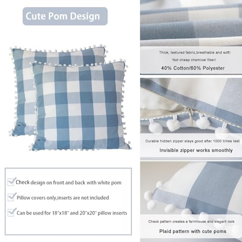 HOPLEE Farmhouse Light Blue Pillow Covers 18x18 Buffalo Check Pillows Covers Blue and White Pillow Covers with Pom Pom for Home Decor 18x18 Inches Set of 2 - color: Blue Plaid Pom, size: 18" x 18" (Pack of 2)