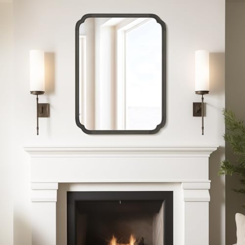 WallBeyond 30" x 40" Rounded Corner Arch Wall Mirror with Wood Frame for Entryway, Living Room or Bedroom Home Decor - Light Woodgrain [30 x 40 inches, Black] - color: Black a, size: 40"L x 30"W