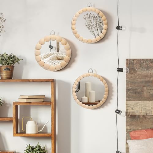 Novabright 3 Pcs Boho Mirror Wall Decor 4.72 Inch Small Round Circle Decorative Mirrors with Wood Bead Hanging Wall Art for Farmhouse Rustic Home Living Room, Bedroom, Bathroom, Entryway