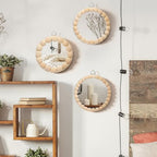 Novabright 3 Pcs Boho Mirror Wall Decor 4.72 Inch Small Round Circle Decorative Mirrors with Wood Bead Hanging Wall Art for Farmhouse Rustic Home Living Room, Bedroom, Bathroom, Entryway