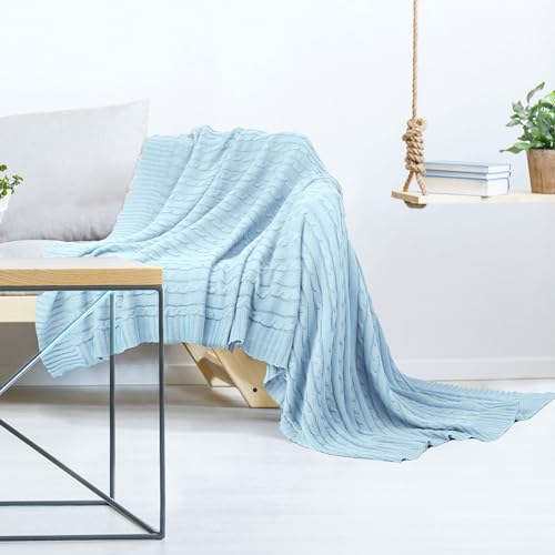 uxcell Cotton Cable Knit Throw Blanket Soft Throw Couch Covers Decors Knitted Blankets for Sofa Bed, Light Blue Throw(47" x 70") - color: Light Blue, size: Throw (47" *78")