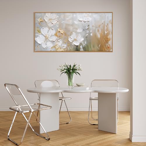 HPNIUB Large White Flower Framed Wall Art Modern White and Gold Floral Canvas Oil Painting Nature Botanical Wall Decor Abstract Aesthetic Artwork for Living Room Bedroom Decor -20"x40" - color: White Floral Wall Art, size: 40"L x 20"W