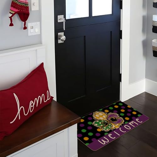 Mardi Gras Door Mat,Green Alligator New Orleans Carnival Masquerade Mask Beads Indoor Outdoor Non-Slip Doormat,Entryway Front Porch Welcome Mat for Entrance Decor 30" x 17" - color: Mardi Gras Doormat 4
