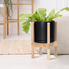 D'vine Dev Ceramic Planter with Natural Stand - 8 Inch Modern Round Flower Pot with Wood Planter Holder, Black, 55-B-N-2 - color: Black Pot + Natural Stand, size: 8 Inch