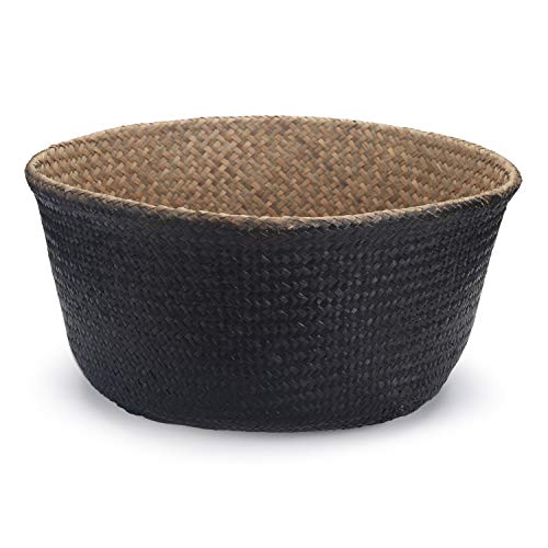 Seagrass Plant Basket with Handles Natural Woven Storage Baskets (Black 9 inch D x 11 inch H) - color: Black, size: L(9.5" D x 11" H)