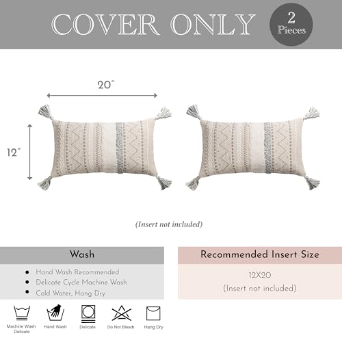 BlissBlush Decorative Lumbar Throw Pillow Covers 12x20 Combo Set of 2 Gray Rectangular Boho Accent Pillowcase Neutral Grey Farmhouse Cushion for Couch Sofa Bedroom Living Home Décor Cover ONLY - color: Gray, size: 20" x 12" (Pack of 2)