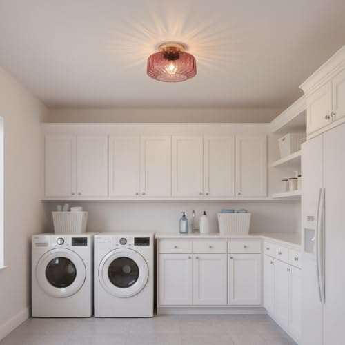 8.66" Low-Profile Purple Glass Flush Mount Ceiling Light, Gold Metal 1-Light Fixture, Easy Install Semi-Flush Lamp for Small Bedrooms, Bathrooms, Closets - color: Small, 8.66" Purple