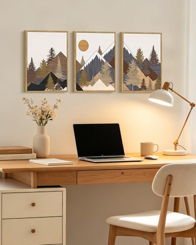 KUVIOKE Morden Boho Mountains Framed Wall Art Pine Tree Forest Nature Landscape Artwork Painting Bohemain Farmhouse Rustic Home Decor 11x14in (Natural Framed) - color: Wooden Mountain Froest, size: 11 x 14in x 3 Panels Natural