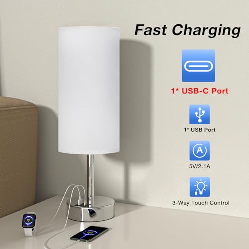 Dicoool White Bedside Touch Table Lamps for Bedroom Nightstand with USB-C USB-A Charging Ports White, 3 Way Dimmable Control Small Lamp Silver Base for Office, Living Room, Reading - color: White-Silver Metal, size: 14in